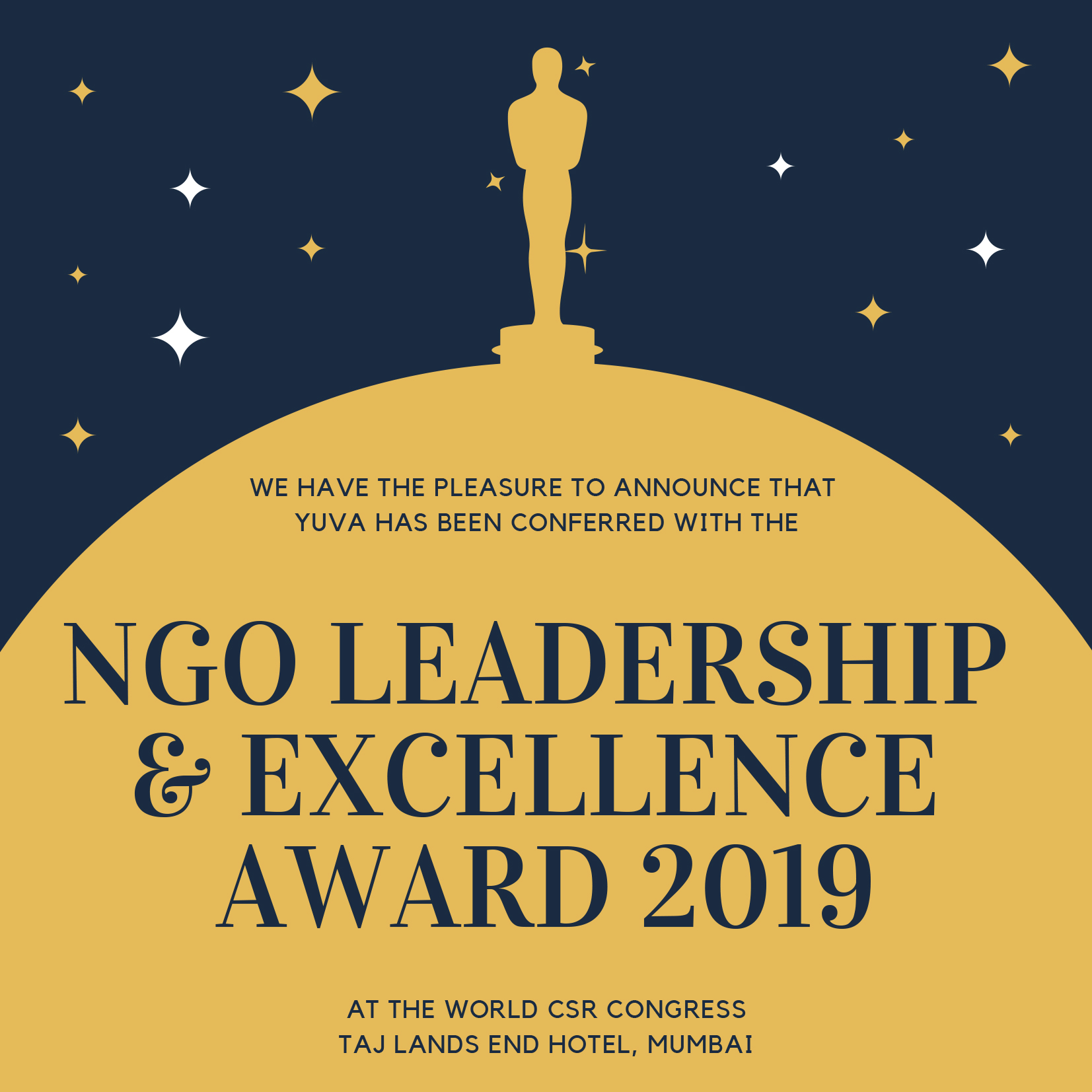 YUVA wins the ‘NGO Leadership & Excellence Award 2019’ at the World CSR Congress