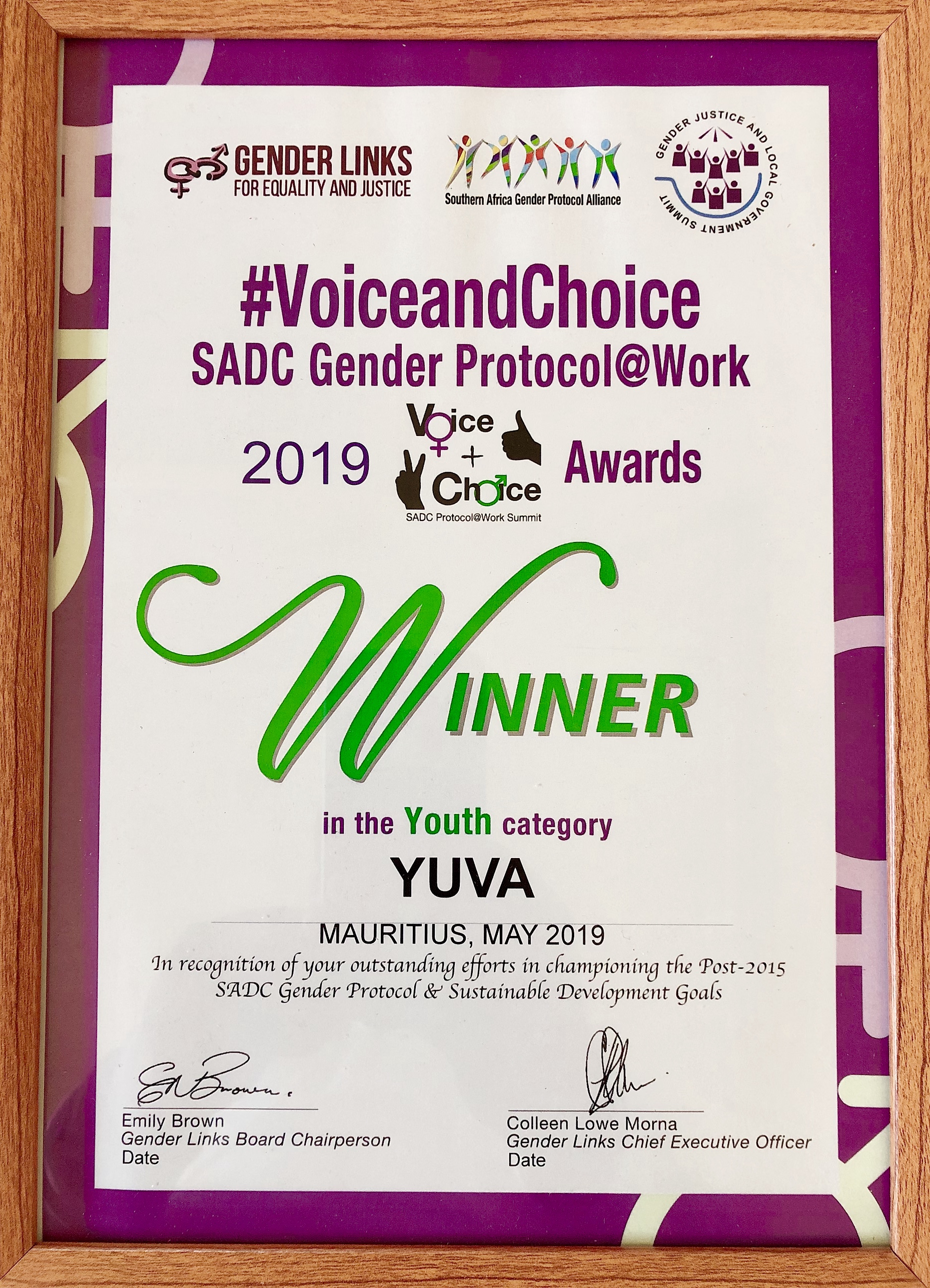 YUVA wins ‘SADC Gender Protocol at Work 2019’ Award in the Youth Category