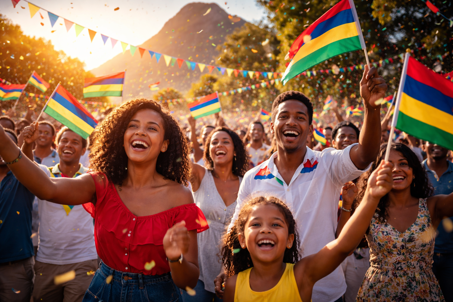 Mauritians celebrating National Day with flags, joy and unity in a festive outdoor gathering beneath the Mauritian sky