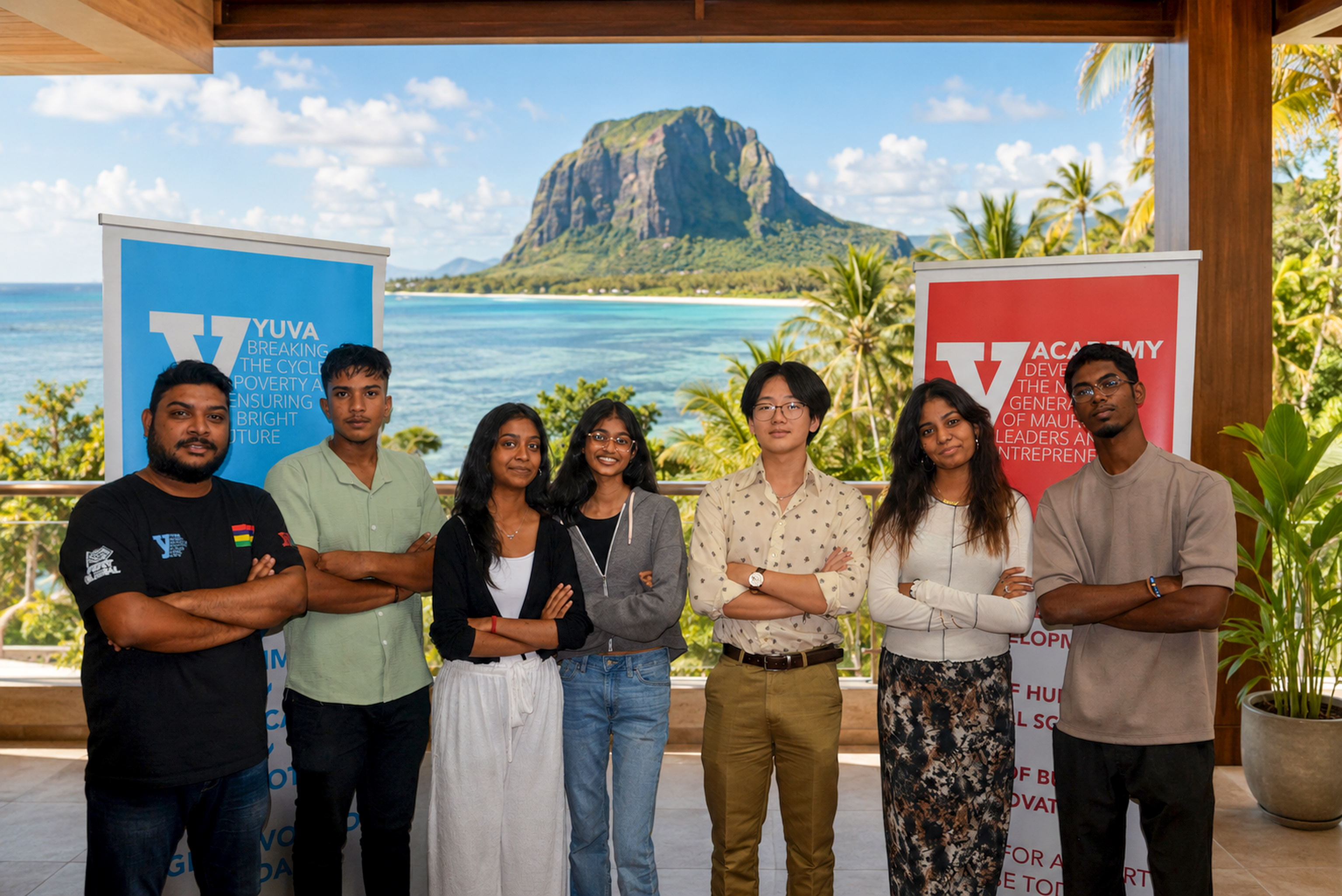 Team Mauritius 2026 robotics students and mentors with YUVA banners before FIRST Global Challenge Incheon